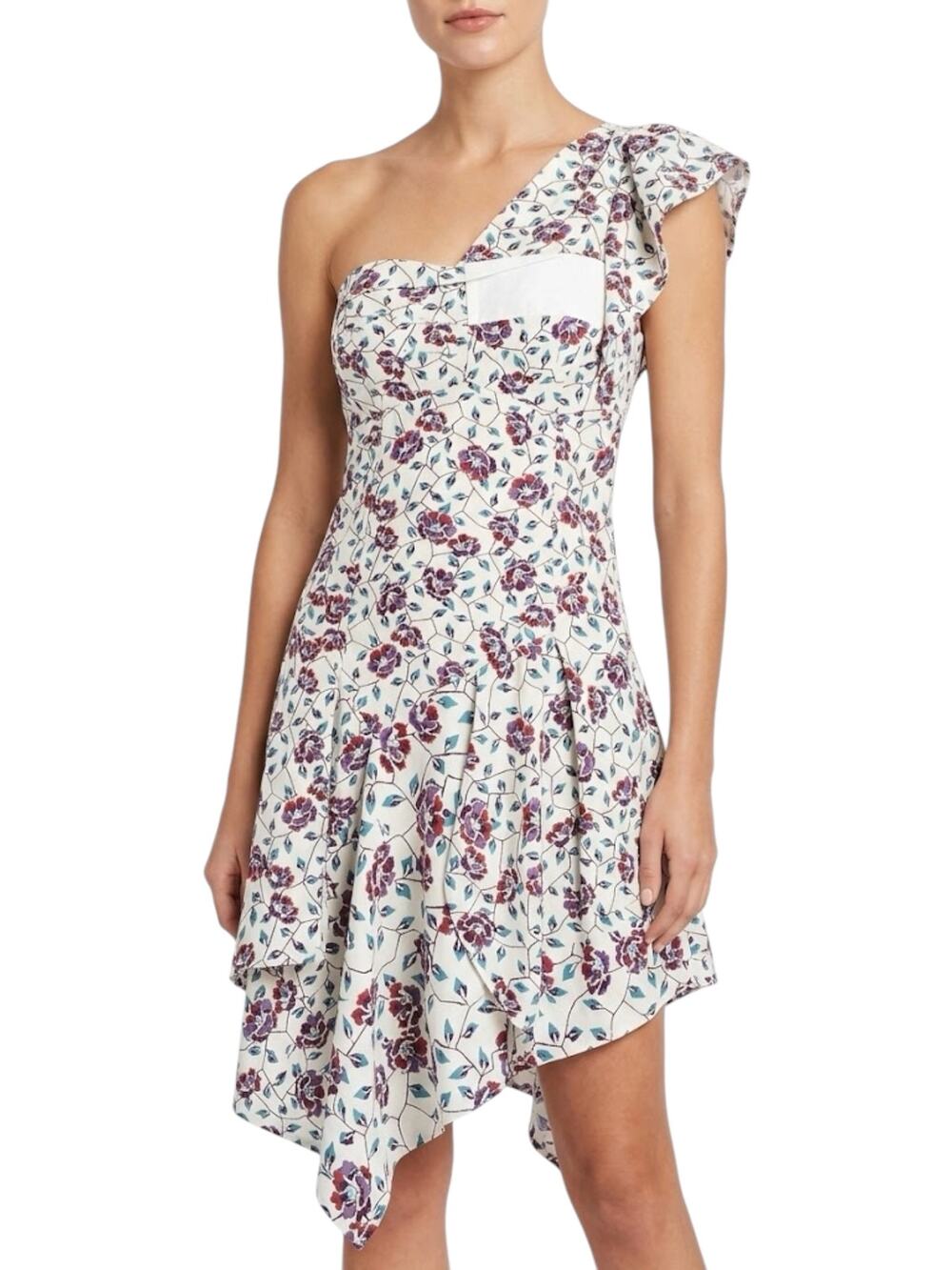Isabel Marant Silk Dress Women's 6 Ivory Purple Floral One Shoulder Asymmetric